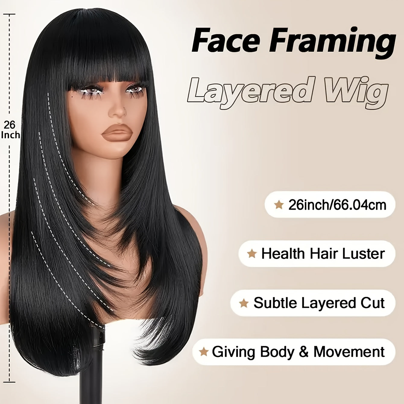 26" Long Straight Layered Wig with Bangs - Natural Black Synthetic Hair, Glueless Put-On Style, High-Temperature Fiber, Pixie Cut for Women, Perfect for Casual Attire